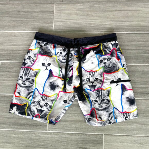 Cat Lover's WALNUT & 39th Board Shorts Men's XL White Black Neon Trimmed Cats - Picture 1 of 8